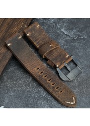 Handmade Crazy Horse Leather Watchband 20 22 24 26mm Brown Calfskin Leather Strap with Bronze Buckle for PAM111 441