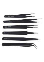 6pcs Stainless Steel ESD Tweezers 1.5mm Anti-static Repair Tool Kit for Electronics Jewelry Crafts Mobile Phone Repair Tool