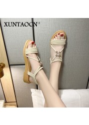 Rimocy Summer Cross Strap Crystal Sandals Women 2022 Comfortable Low Heels Open Toe Sandalias Woman Soft Bottom Casual Shoes Lady