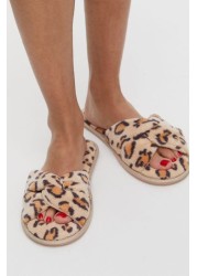 Oliver Bonas Brown Animal Print Faux Fur Knotted Slippers