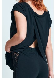 ELLE Black Nightwear Lace Crossover T-Shirt