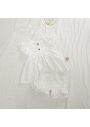 Fashion Baby Dress Clothes Set Newborn Cotton Waffle Princess Girls Top Flying Sleeves Buttons Ruffles A-Line Dress Shorts Set