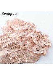 Breathable Cotton Socks with Lace for Little Girl Mesh Ruffle Socks for Kids White Pink Yellow Ankle Socks