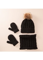 Cute Hat Scarf Set Beanie Hat Gloves 3pcs Children Hats Girls Fake Ball Pom Keep Warm Winter Knitted Skullies Kids Bone