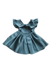 New Baby Girls Dress Bow Cotton Fly Sleeve Ruffles Lace Summer Pure Color Children Princess Skirt Kids Clothes