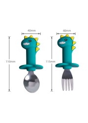 Baby Feeding Spoon Fork Set Silicone Handle Cartoon Dinosaur Tableware Infant Heat Resistant Stainless Steel Spoon Head Cutlery