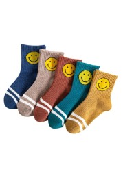 Autumn Winter Cotton Thicken Socks For Kids Cute Cartoon Happy Boy Striped Socks 5 Pairs Infant Baby Girls Socks 1-12 Years