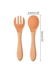 2pcs Silicone Baby Tips Feeding Training Spoon and Fork Set with Wooden Handle Toddlers Babies Eat Standalone Accessory