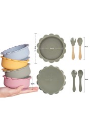 Cute silicone bowl children's complementary tableware food bowl BPA-free waterproof tableware plate wooden spoon silicone fork