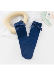 2021 New Girls Knee High Socks with Bows Candy Color Cotton Breathable Stockings Princess Socks School Navy Blue Socks