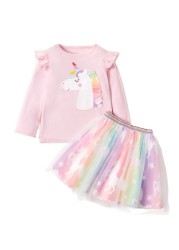 2022 spring new little girls clothes pink clothing set cartoon unicorn long sleeve T-shirt skirt 2 two-piece outfits