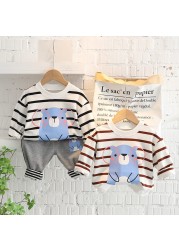 0-5 Years New Spring Children Girls Boys Cartoon Striped T-shirt Sports Pants 2pcs/set Kids Strips Toddler Clothes Cotton Suit