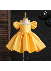 Pink Puff Sleeve Baby Girl Dress Bowknot White Party Dresses for Girls Wedding Birthday Festive Kids Things Children 1-12Y