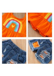 Baby Girl Fashion Clothes Set Rainbow Print Sleeveless Ruffle Blouse Jeans Hole Shorts With Headband Set JYF