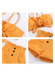 1-6y Infant Kids Baby Girls 2pcs Fashion Summer Clothes Set Bowknot Solid Crop Tops Vest Shorts Pants Outfits