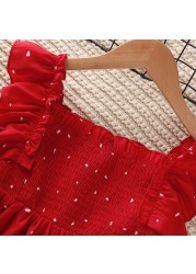 Girls Dot Red Dress Summer 4-11Y Young Children Square Collar Casual Clothing Kids Knee Length Short Sleeve Princess Dresses New