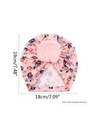 67JC Cute Faux Fur Ball Baby Kids Turban Hat Floral Print Infant Headdress