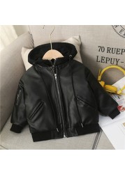 Pu Leather Kids Jacket Autumn and Winter Baby Waterproof Coat Baby Boys Leather Jackets Warm Thick Hooded Children's Clothing