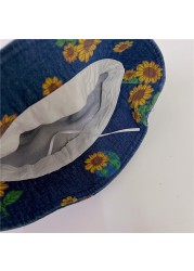 MILANCEL 2022 summer children's denim bucket hat sunflower print large brim hat