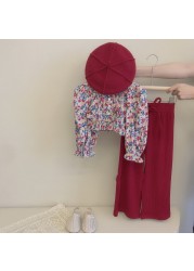 2pcs/set Kids Girl Clothes Sweet Little Flower High Waist Top Wide Leg Pants Fashion Casual Autumn Summer Princess Clothing Suit