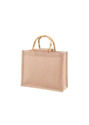 Portable Burlap Shopping Bag Jute Handbag Bamboo Ring Retro Carry Handles DIY Handbag Women Large Size Beach Bag for Girls