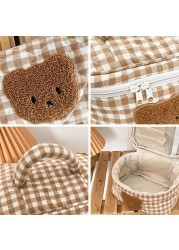 Cute Khaki Bear Makeup Bag Large Capacity Portable Cosmetic Bags Zipper Pure Cotton Plaid Brushes Pouch Case For Women Girls