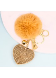 Rhinestone Pompom Heart Keychain Ladies Bag Hanging Room Car Pendant Decoration