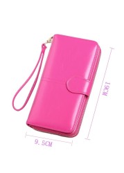 Leather Women Long Zipper Oil Wax Wallet Large Capacity Zipper Clip Wallet Ladies Long Wristlet Clutch Coin Card Holder Portomonee