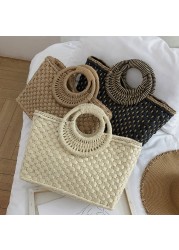 bohemian women summer beach woven straw handbag with round top handle travel vacation weave zipper large top basket bag