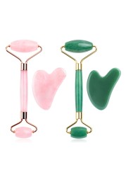 Natural Pink Quartz Jade Roller Gua Sha Set Facial Body Massager Roller Stone Jade Massage Set Face Lifting Beauty Massage Device