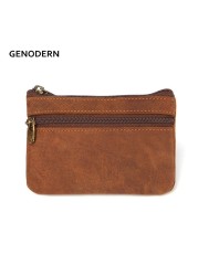 GENODERN Vintage Crazy Horse Leather Men Coin Purse Genuine Leather Zipper Coin Wallet Retro Key Holder Clutch Money Bag