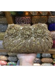 18 Colors Wedding Formal Dinner Clutch Women Golden Crystal Hand Evening Bags Metal Clutches Bags Flower Purse Wedding Purse