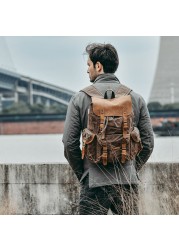 Men's casual genuine leather school bag large capacity canvas travel bag outdoor mountaineering computer bag male backpack