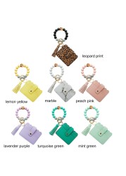 Wristlet purse bracelet keychain card holder pocket with elastic beaded keyring tassel, portable home car keys ring holder