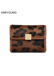 AIMIYOUNG - Women's Horse Fur Wallet, Small Wallet, Leopard Leather, Card Holder, Brown, Red