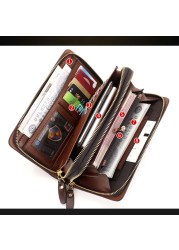 Double zipper men wallet retro luxury clutch bag leather wallet organizer large capacity passport cover male portfeuille homme