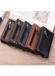 DIENQI Anti Rfid ID Card Holder Case Men Leather Metal Wallet Male Coin Purse Women Mini Carbon Credit Card Holder With Zipper