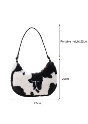 Women Soft Plush Shoulder Bags Cow Print Hobo Bags Female 2021 New Autumn Winter Small Handbag Travel Warm Fluffy Tote Bags