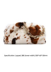 Fashion Women Winter Cloud Bag Cow Print Soft Plush Shoulder Bag Female Thick Chain Handbags 2021 Ladies Warm Fur Underarm Bags