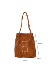 Women Corduroy Bear Pattern Shoulder Bag Autumn Winter Large Capacity Bucket Handbag Eco-friendly Foldable Shopper Bag