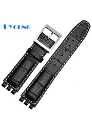 High Quality Luxury 17mm 19mm Waterproof Genuine Leather Watch Strap Band for Swatch Crocodile Pattern Leather Strap Men Blue Red