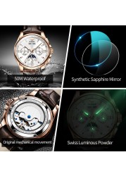 OUPINKE Luxury Men Watches Chronograph Automatic Mechanical Leather Watch Waterproof Sport Moon Phase Wristwatch montre homme