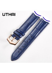 UTHAI F09 Genuine Leather Watchband Curved Interface Bamboo Style Buckle Business 19mm 20mm 21mm 22mm 24mm Retro Watch Strap