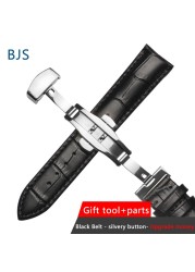 BJS Genuine Leather Watch Band Strap Stainless Steel Butterfly Clasp 13mm 14mm 15mm 16mm 17mm 18mm 19mm 20m 21mm 22mm Watchband