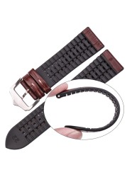 HENGRC - Cowhide Leather and Silicone Bracelet for Men and Women, Breathable, Water Resistant, Watch Accessories, 18 20 22mm