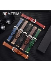 Rimzm Tanned Leather Watch Strap Antique Watch Strap 18mm 20mm 22mm 24mm Red Gray Blue High Quality Wristband Strap Accessories