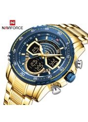 NAVIFORCE Men Sports Military Waterproof Watches Luxury Analog Quartz Digital Wrist Watch for Men Stainless Steel Gold Watches