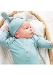 Anvi Baby Solid Knotted Sleepsuit and Beanie Set